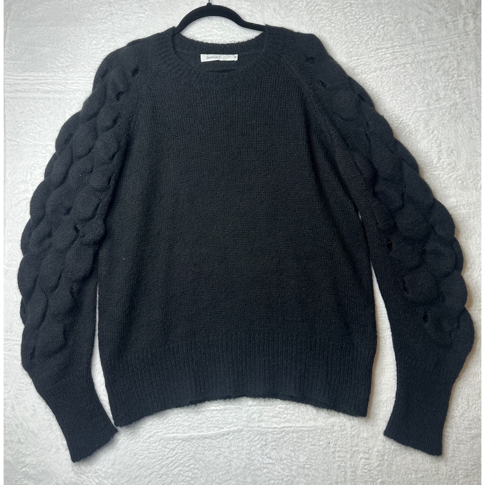 Skovhuus Black Cable Knit Bubble Sleeve Sweater XL Crew Neck Pullover